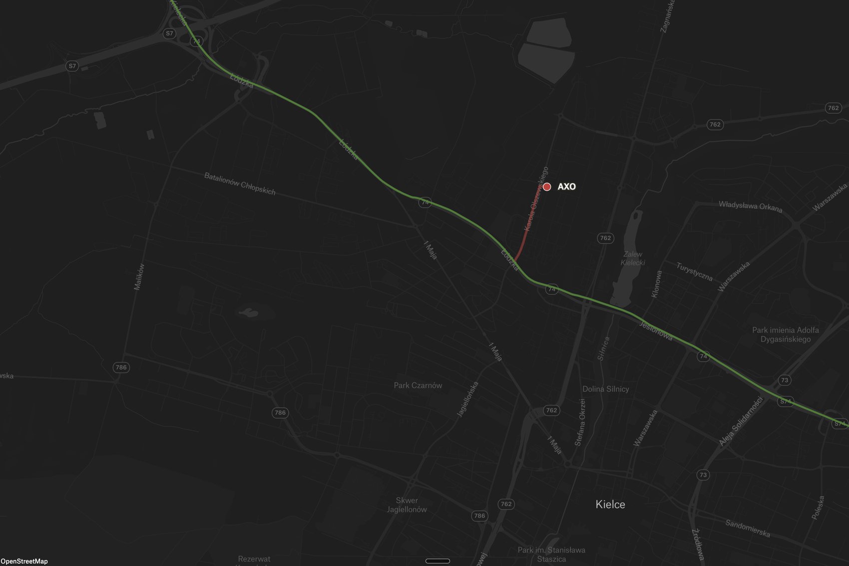 Mapa: AXO przy ul. Olszewskiego 16 w Kielcach – 700 m od trasy S74 (S7 Warszawa–Kraków)